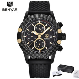 Benyar Men's Watches Black Men Quartz Watch Top Brand Luxury Waterproof Date Man Steel Sport Wrist Watch Men Clock Gold Saat