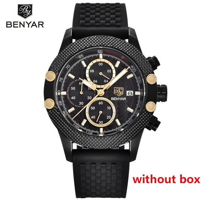 Benyar Men's Watches Black Men Quartz Watch Top Brand Luxury Waterproof Date Man Steel Sport Wrist Watch Men Clock Gold Saat