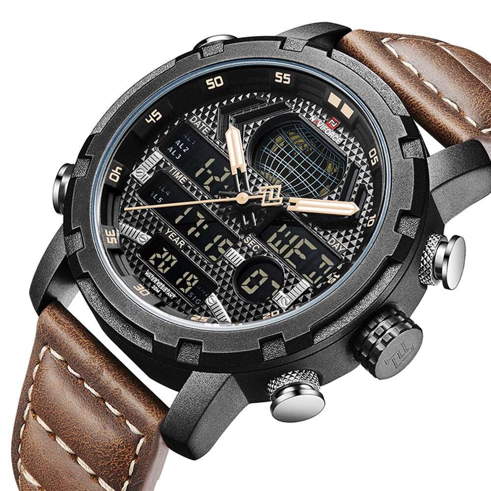 NAVIFORCE 9160 Brand Mens Watches Waterproof Led Digital Quartz Watch Man Fashion Leather Sport Wrist Watch Men Clock Male
