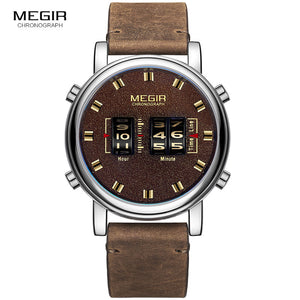 MEGIR Luxury Digital Watch Men 2019 New Relogio Masculino Brown Leather Strap Army Sport Quartz Wrist Watches Clock Man 2137