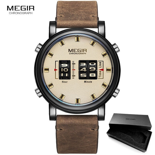 MEGIR Luxury Digital Watch Men 2019 New Relogio Masculino Brown Leather Strap Army Sport Quartz Wrist Watches Clock Man 2137