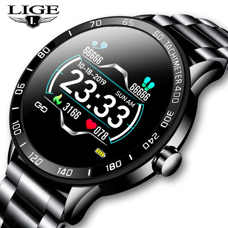 LIGE New Smart Watch Men Pedometer Heart Rate Blood Pressure Monitor Waterproof Steel Belt Smartwatch Sport Multifunction Mode