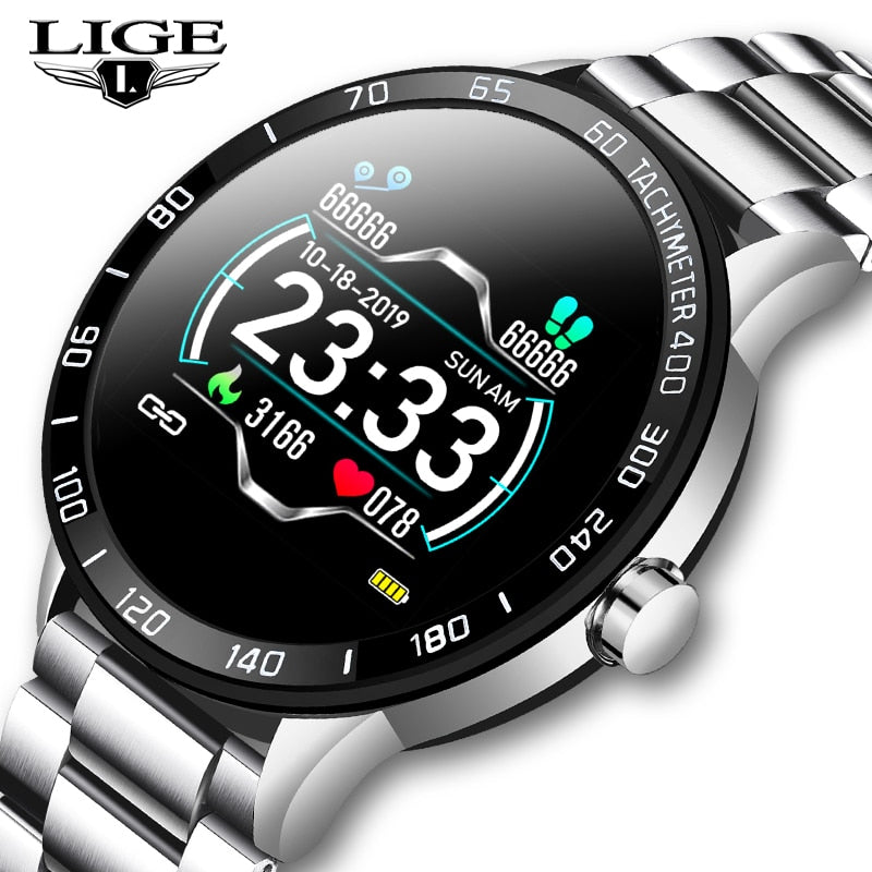 LIGE New Steel Belt Smart Watch Men Heart Rate Blood Pressure Health Monitoring Sport Waterproof Smartwatch fitness tracker+Box