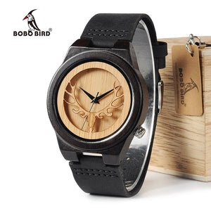 BOBO BIRD WB18 Deer Skeleton Black Wood Watches Leather Band Mens Top Brand Quartz Watches With Wooden Box relogio OEM