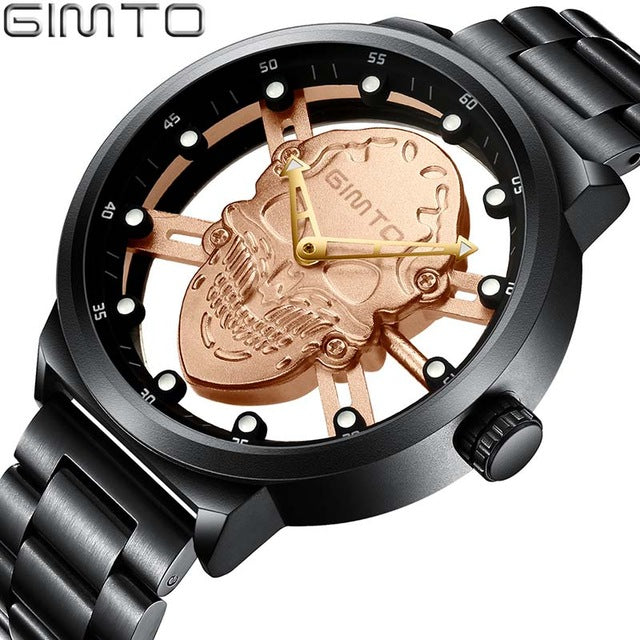 Top Brand Luxury Hollow Skull Men Watch  Creative Skeleton Gold Quartz Wristwatch Steel Casual Male Clock Relogio Masculino