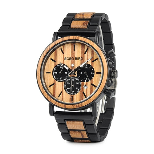 relogio Wood Watches  BOBO BIRD Men Watch Date Display Luxury Golden Stylish Wooden and Metal Quartz Wristwatch Wood gift box