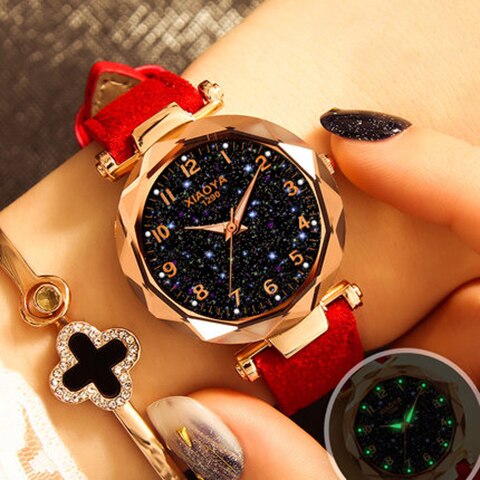 Fashion Women Watches Starry Sky Watch Luxury Red Black Leather Strap Ladies Wrist Watches Waterproof Quartz Clock 2019 Discount